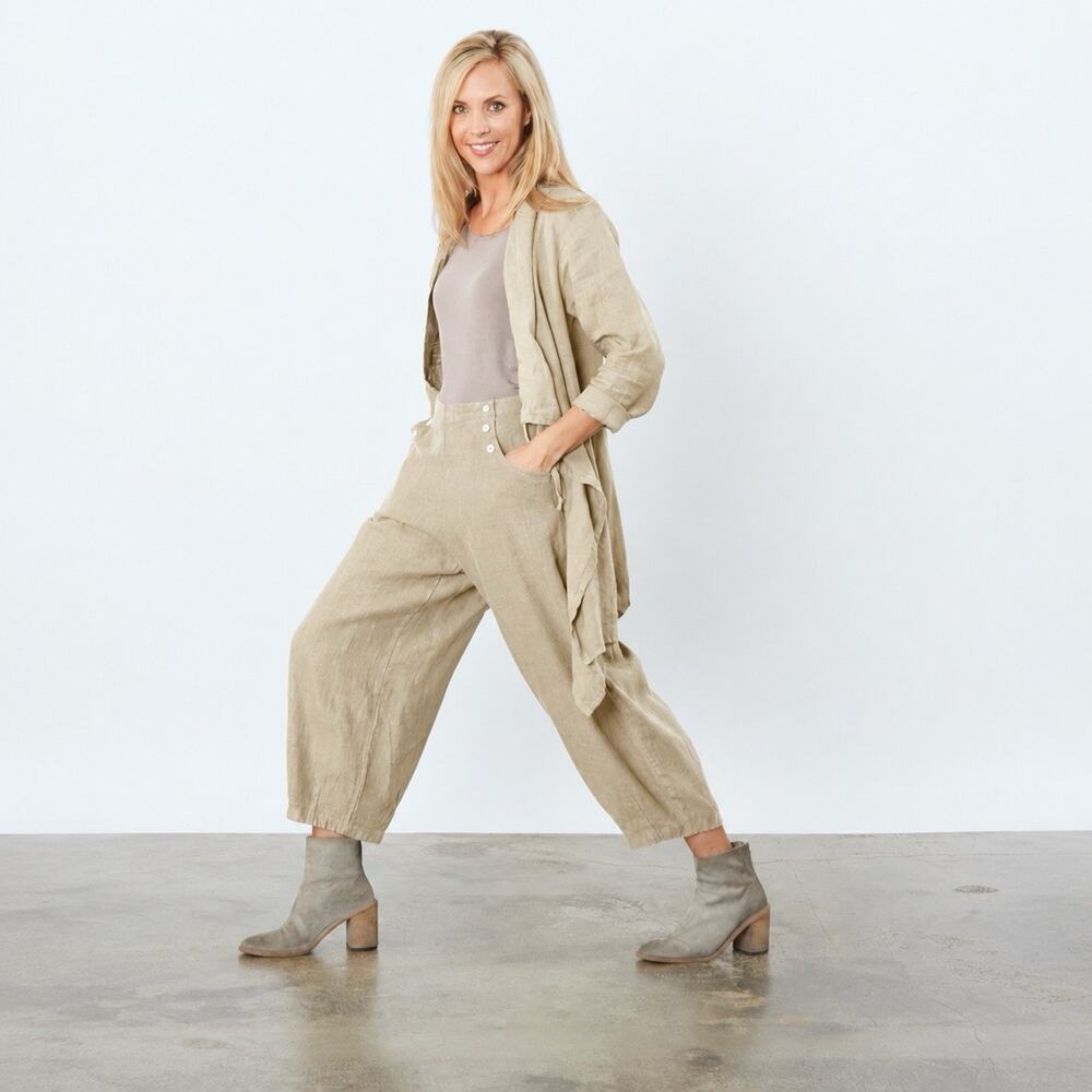 Bryn Walker Tan 100% Linen Lagenlook Sailor Button Genie Cropped Pants XL